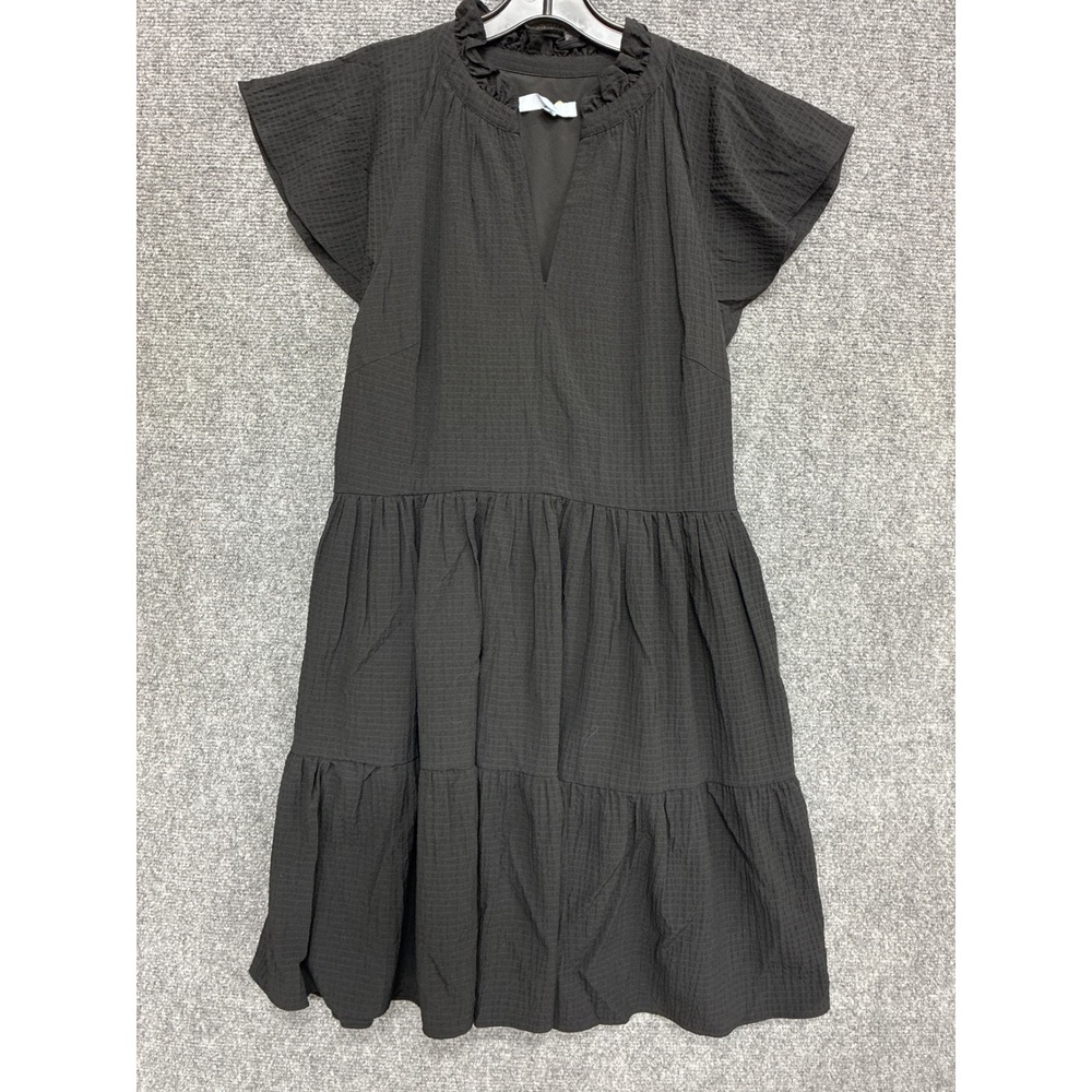 Antonio Melani Black Seersucker Tiered Ruffle Neck Flutter‎ Sleeve Dress 12
